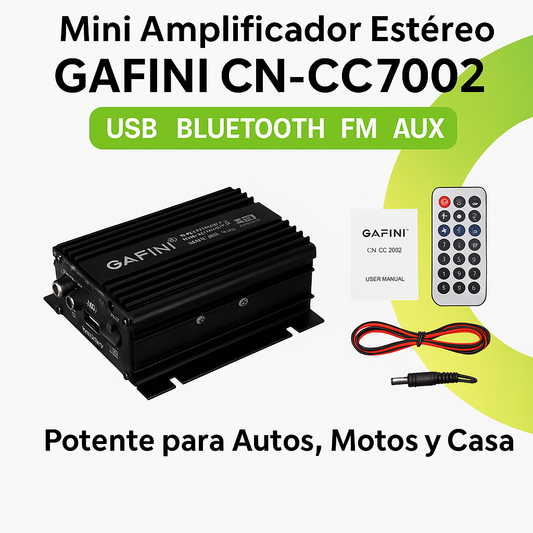 Amplificador GAFINI CN-CC7002 12V USB Bluetooth FM AUX – Sonido Potente para Auto, Moto o Casa
