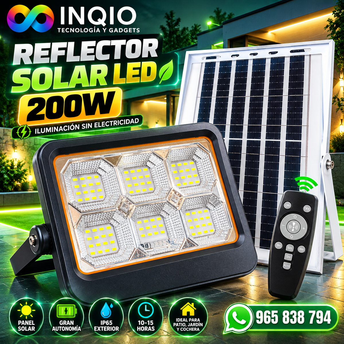 ☀️ Reflector Solar LED SEISA SQ-XG-200W con Panel Solar y Control Remoto IP65 | Iluminación Exterior