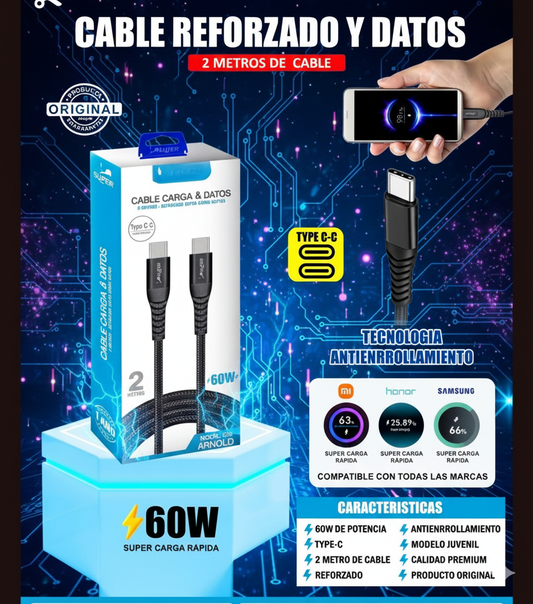 Cable Tipo C a C 60W | Carga Rápida 2 Metros Reforzado Antienredos