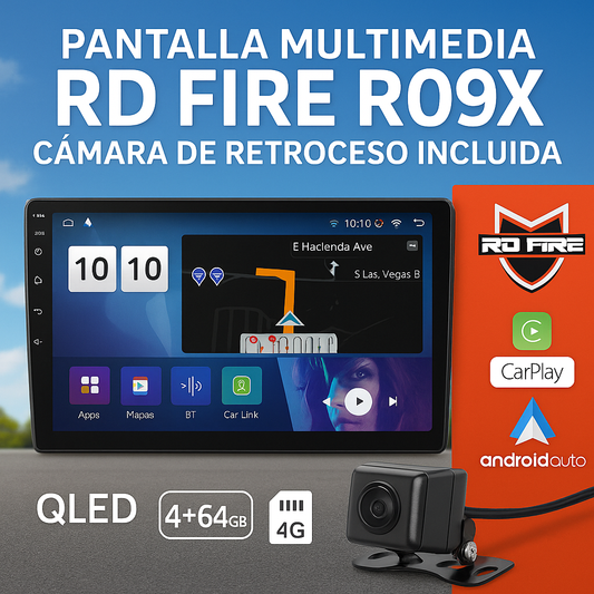 Pantalla Android Auto 9" CarPlay R09X QLED Octa-Core 4+64GB GPS WiFi Bluetooth RD Fire