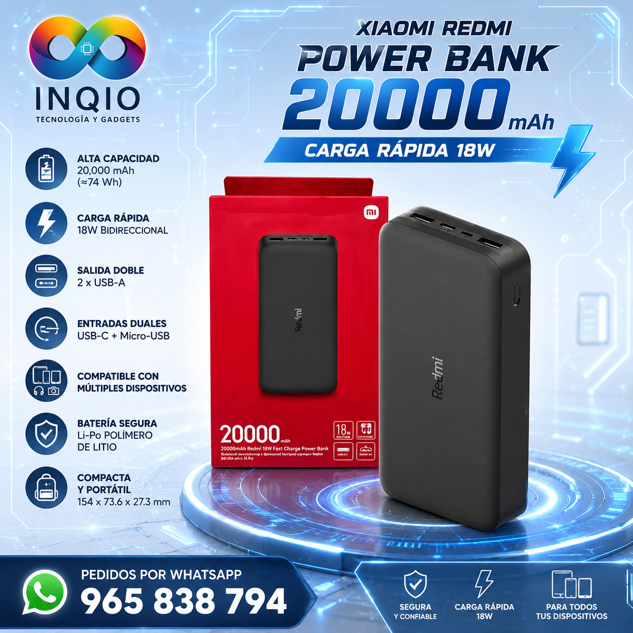 Power Bank Xiaomi Redmi 20000mAh 18W Carga Rápida | Batería Externa Original USB