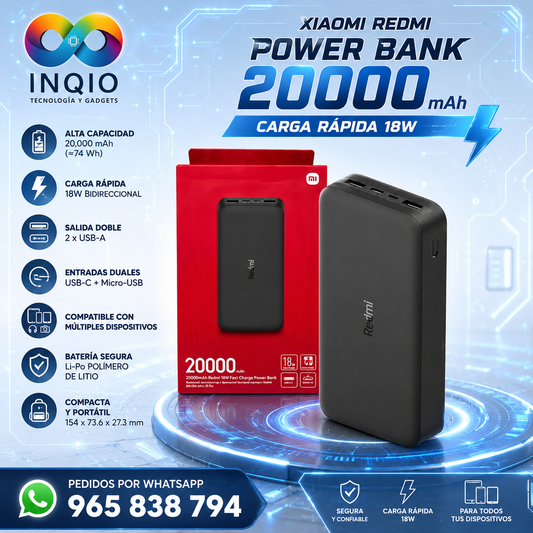 Power Bank Xiaomi Redmi 20000mAh 18W Carga Rápida | Batería Externa Original USB