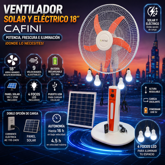 Ventilador Solar y Eléctrico 18” CAFINI Recargable Con Panel Solar y 4 Focos