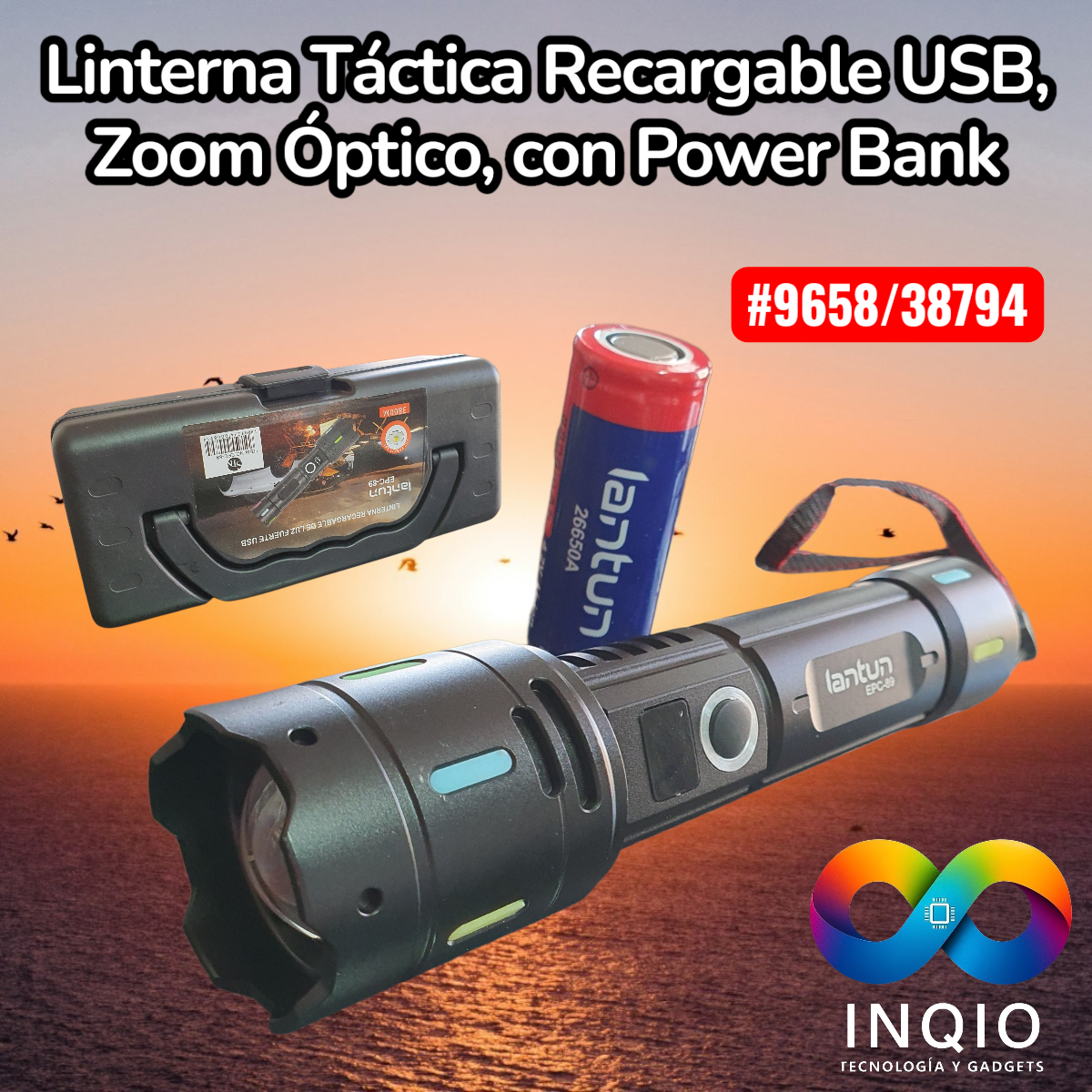 Linterna Táctica Recargable USB Lantun EPC-89 🔦 | Power Bank 3800M + Zoom Ultra Potente para Emergencias y Camping