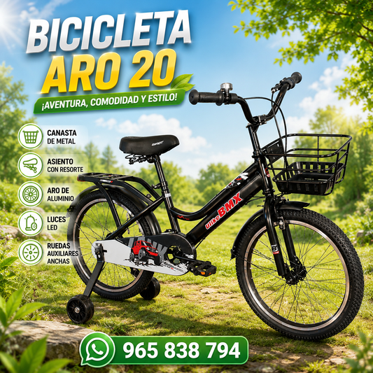 Bicicleta Aro 20 con Canasta de Metal, Luces, Aro de Aluminio, Asiento con Resorte y Ruedas Auxiliar