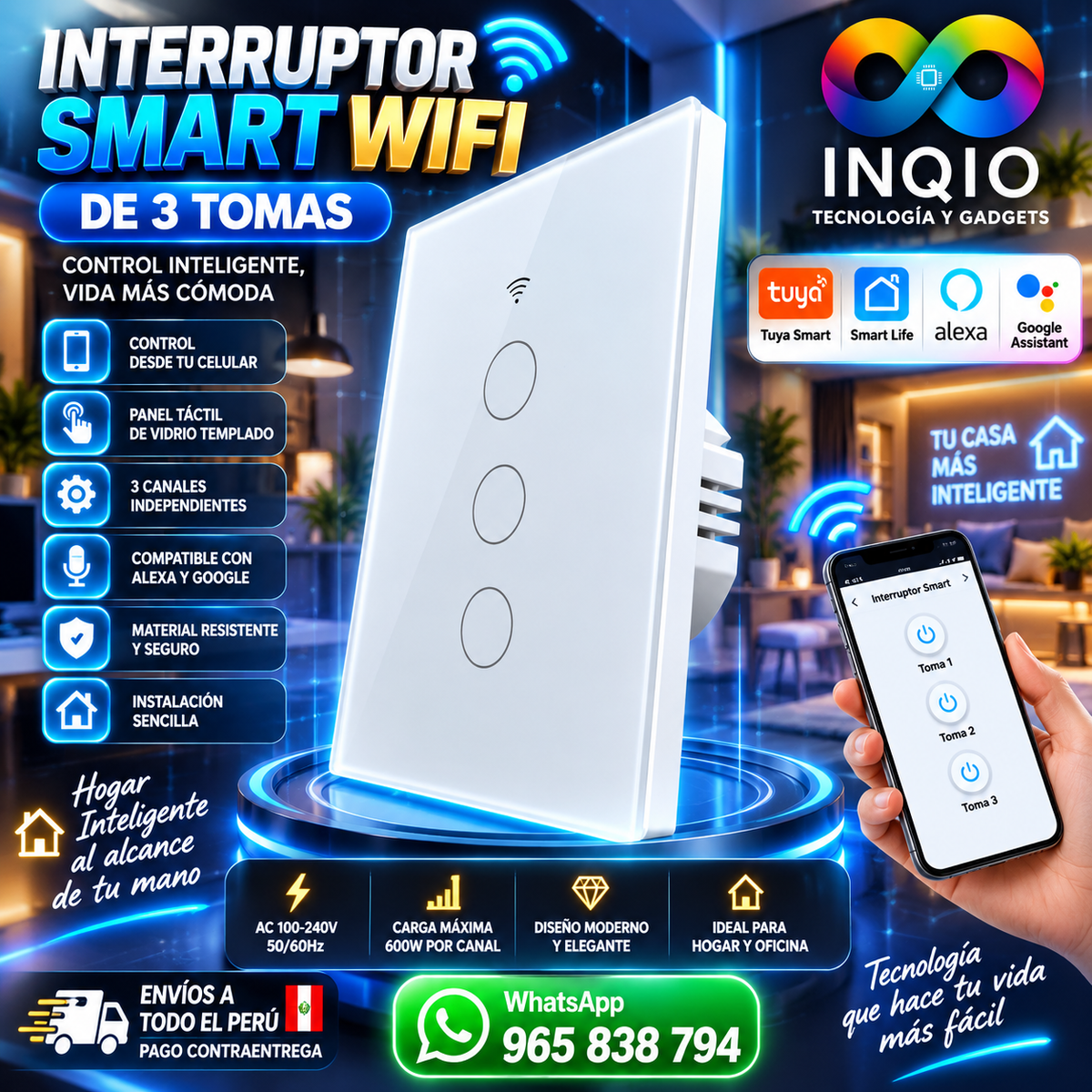 Interruptor Smart WiFi de 3 Tomas – Panel Táctil Inteligente Tuya Alexa Google