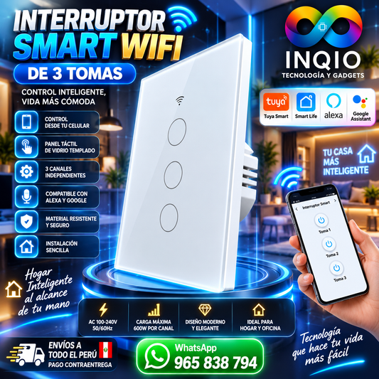 Interruptor Smart WiFi de 3 Tomas – Panel Táctil Inteligente Tuya Alexa Google