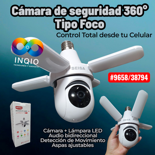 Cámara de Seguridad 360° Tipo Foco SEISA | WiFi FHD + Visión Nocturna Color, Lámpara LED Inteligente