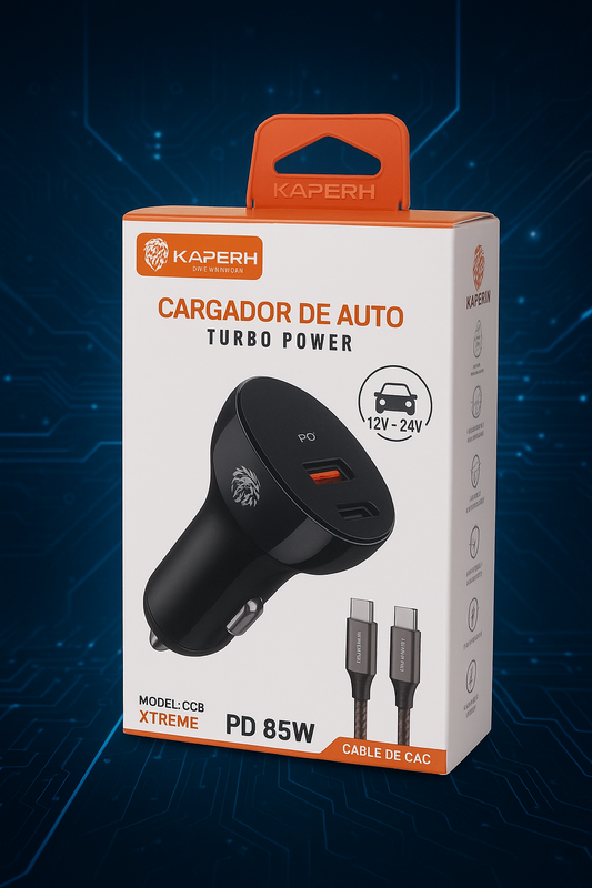 Cargador de Auto Kaperh 85W Turbo Power | Carga Rápida PD + QC | 12V-24V