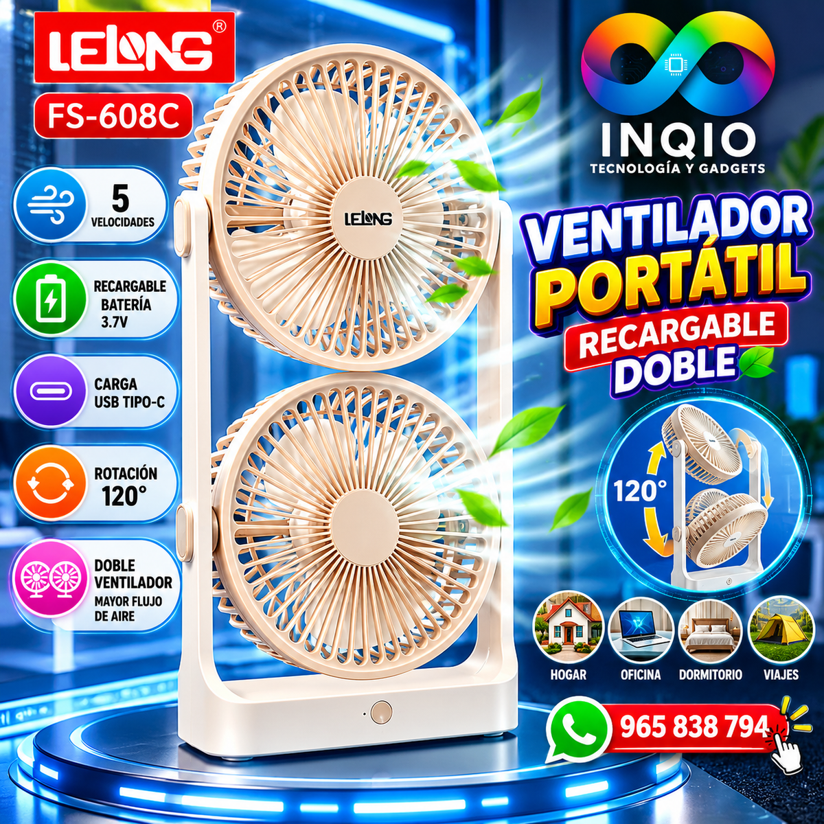 Ventilador Portátil Recargable LELONG FS-608C Doble Mini Ventilador USB