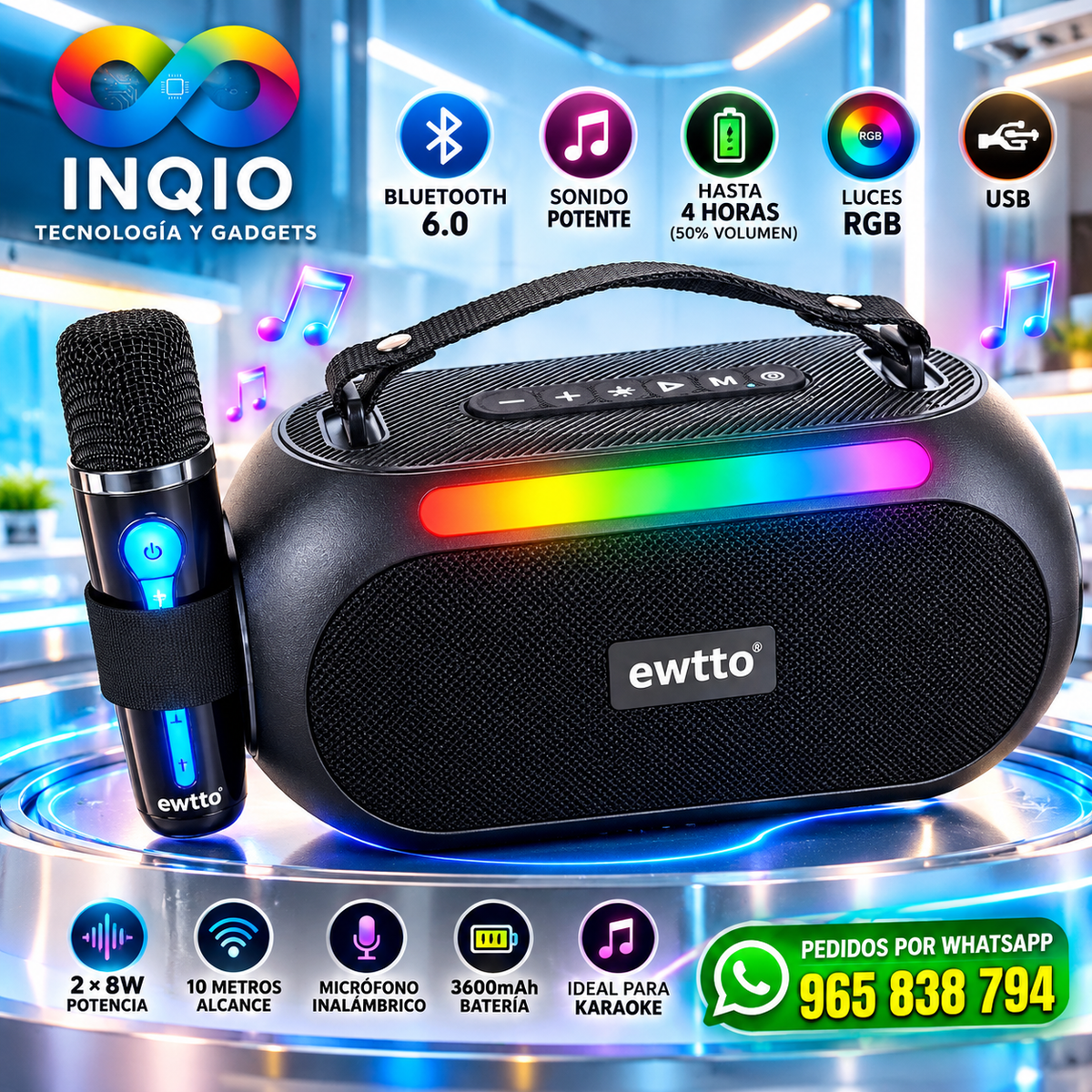 Parlante Bluetooth Potente con Micrófono Inalámbrico y Luces RGB 🎤🔊