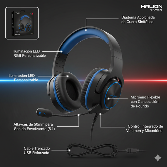 Audífonos Gamer Halion HA-S7P LED RGB 5.1, Bocinas 50mm, C/ Cable