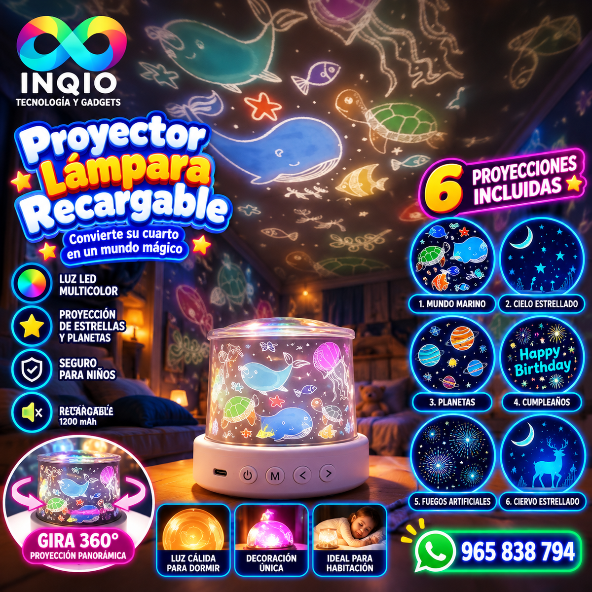 Proyector Lámpara Recargable LED Multicolor 360° 6 Proyecciones