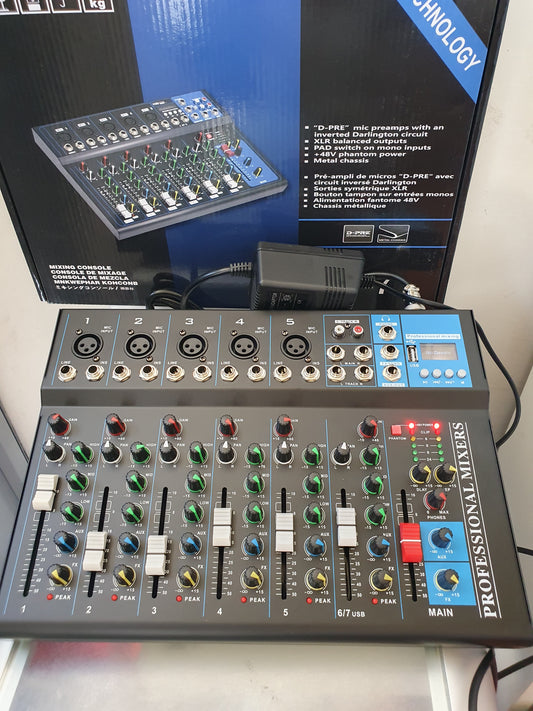 🎵 Mezclador de Audio Bluetooth 7 Canales – Sonido Profesional con Ecualizador y Amplificador 🎧🔥