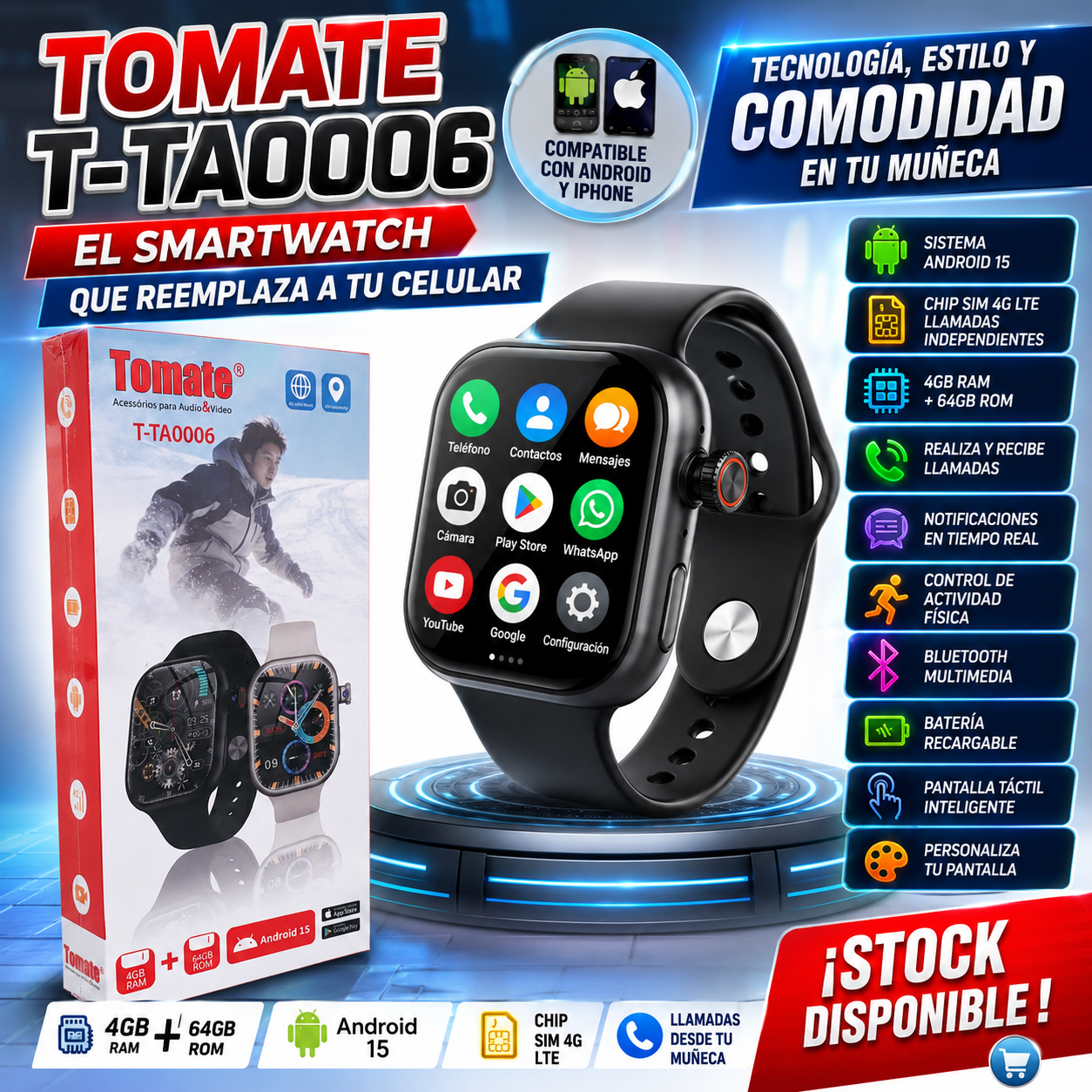 Smartwatch Android 15 4GB RAM + 64GB SIM 4G Llamadas Bluetooth Pantalla Táctil Tomate