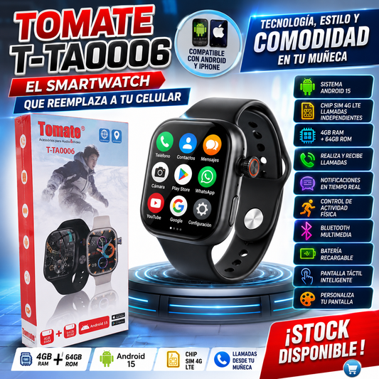 Smartwatch Android 15 4GB RAM + 64GB SIM 4G Llamadas Bluetooth Pantalla Táctil Tomate