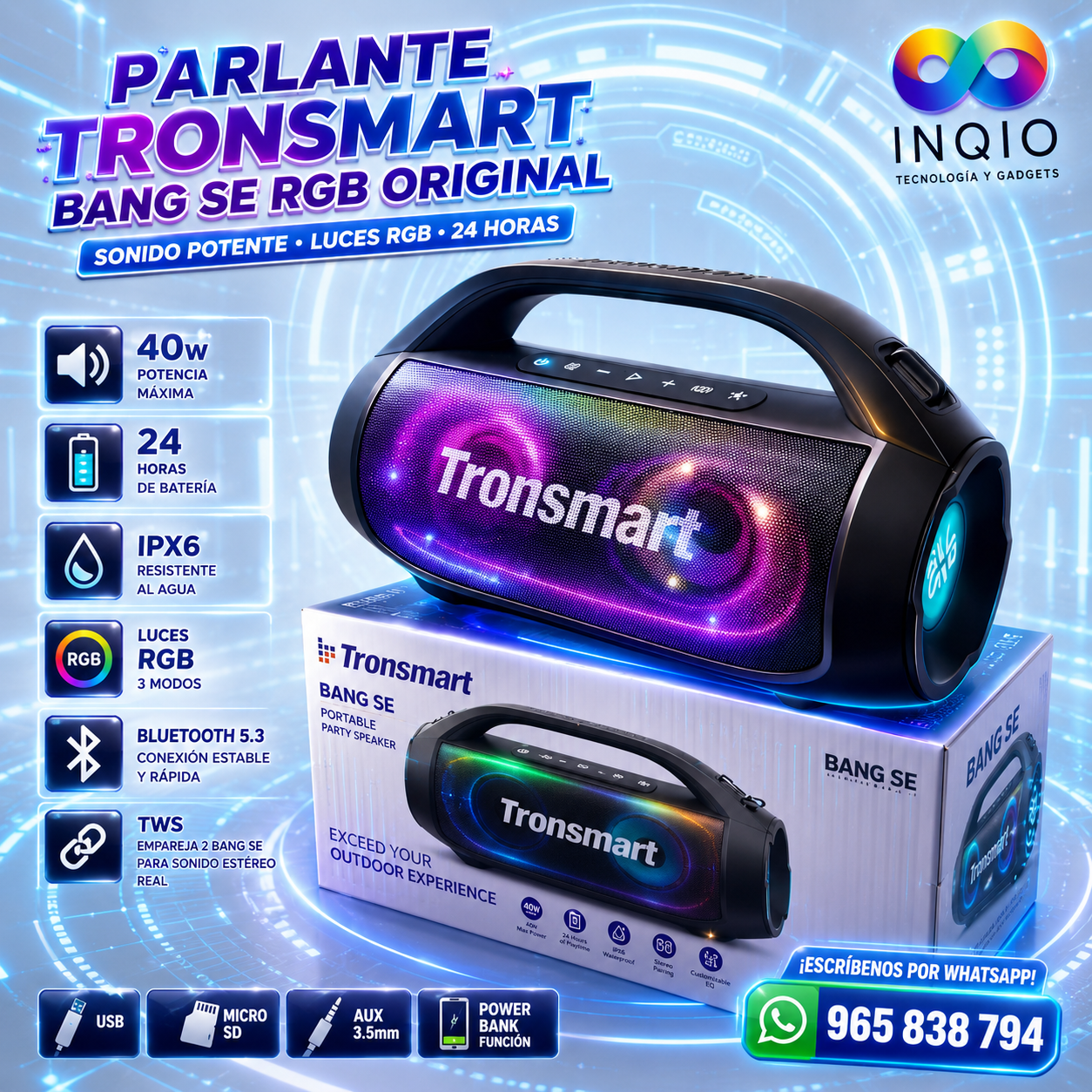 Parlante Bluetooth Tronsmart Bang SE 40W Portátil IPX6 RGB | Bluetooth 5.3 | TWS Estéreo