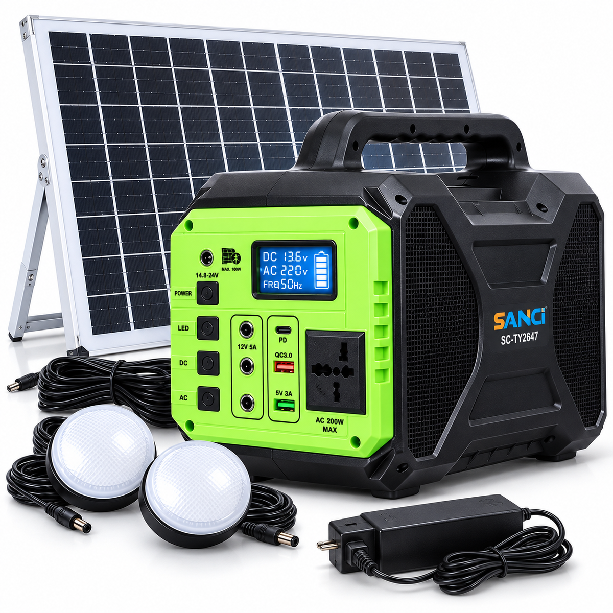 Estación de Energía Solar SANCi 200W + Panel 40W + Parlante ,Bluetooth, Radio FM