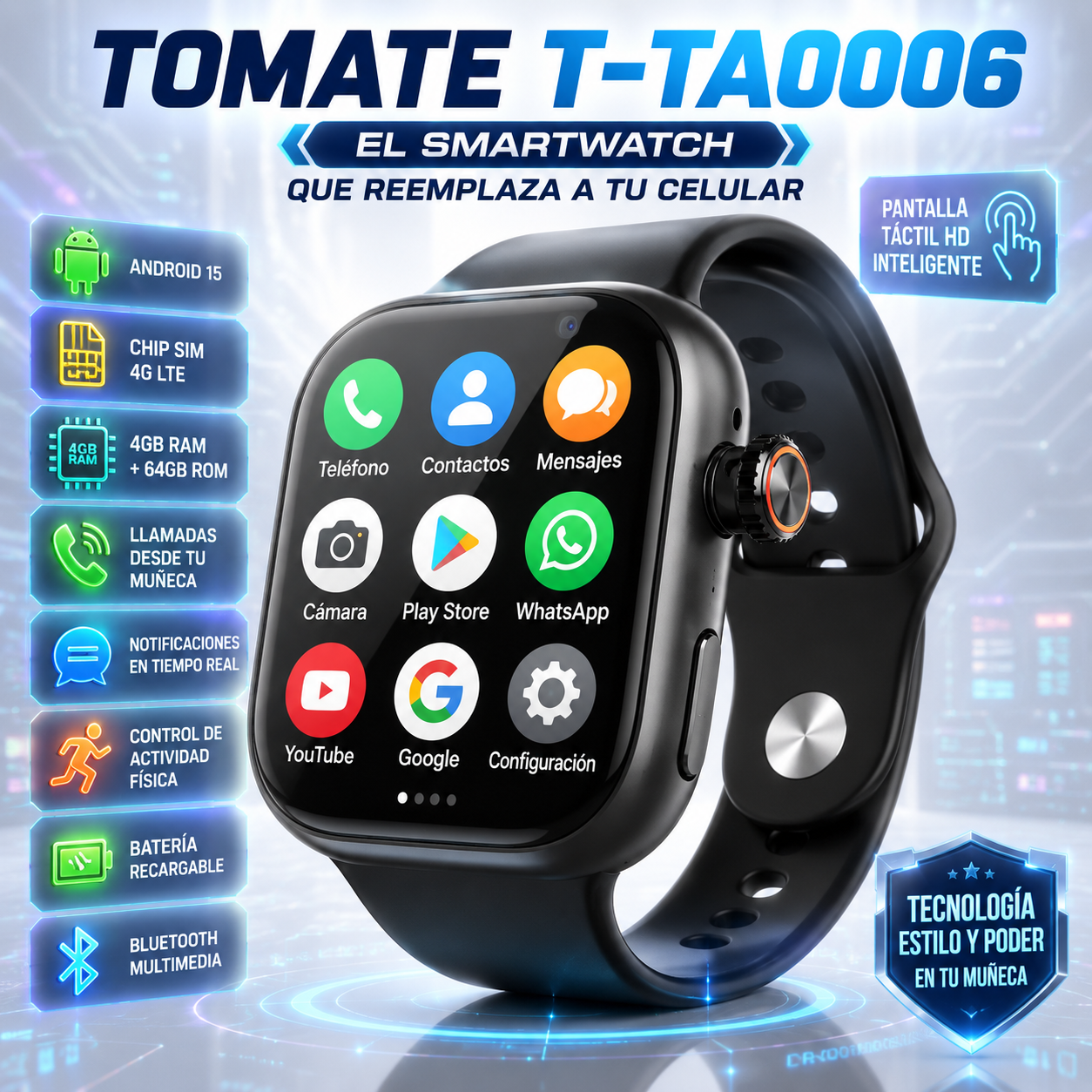 Smartwatch Android 15 4GB RAM + 64GB SIM 4G Llamadas Bluetooth Pantalla Táctil Tomate