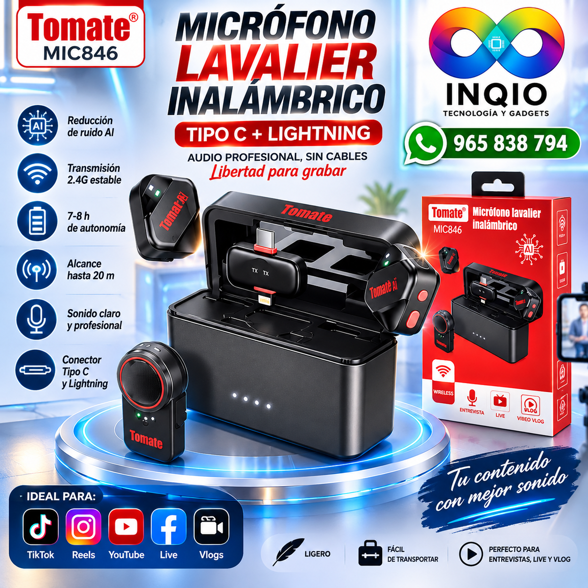 Micrófono Lavalier Inalámbrico Tomate MIC846 | Reducción de Ruido AI | Tipo C + Lightning