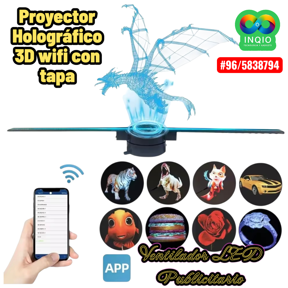 Proyector Holográfico 3D WiFi ZY-A6W-K con Tapa | Ventilador LED Publicitario