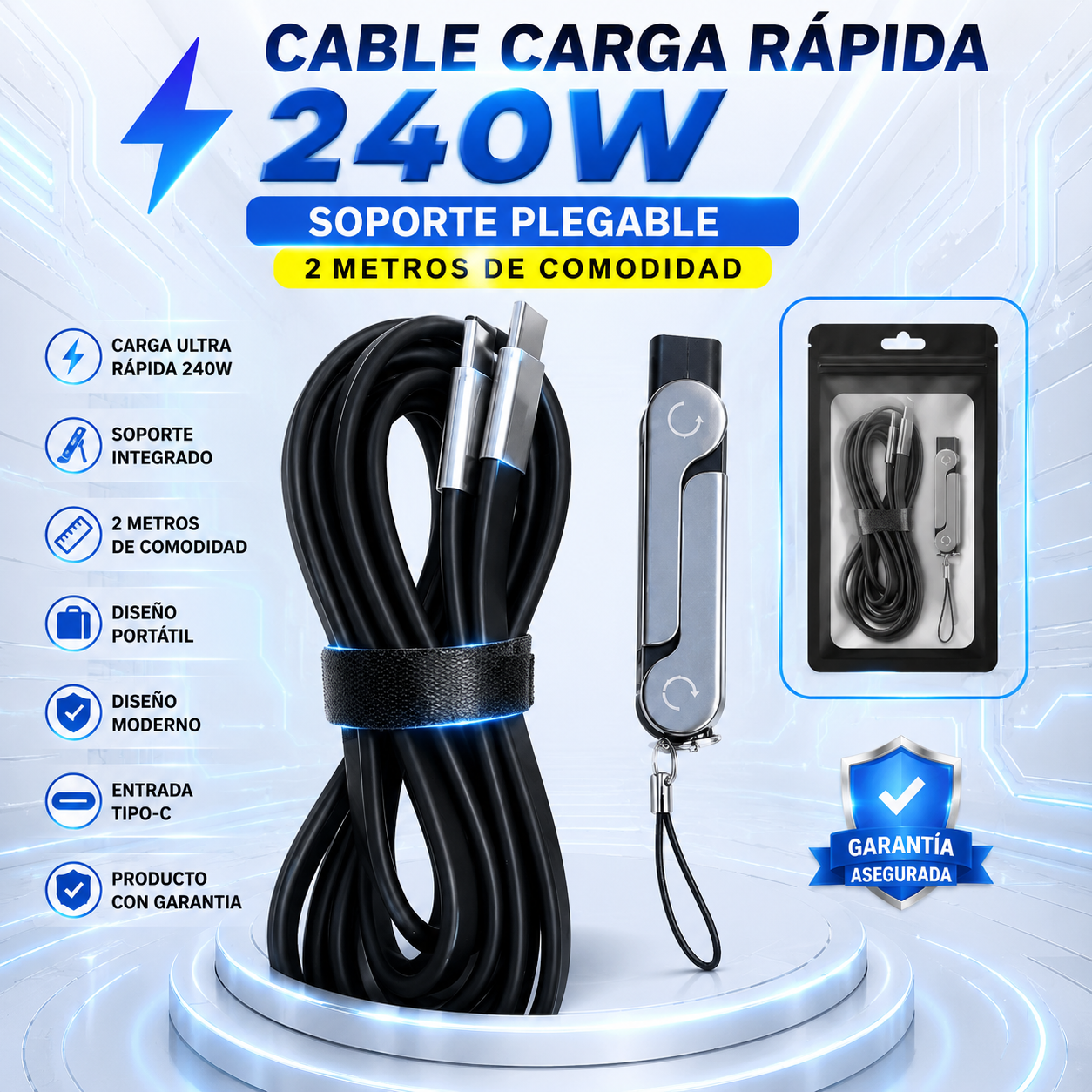 🚀 Cable USB-C Carga Rápida 240W con Soporte Plegable | 2 Metros de Longitud
