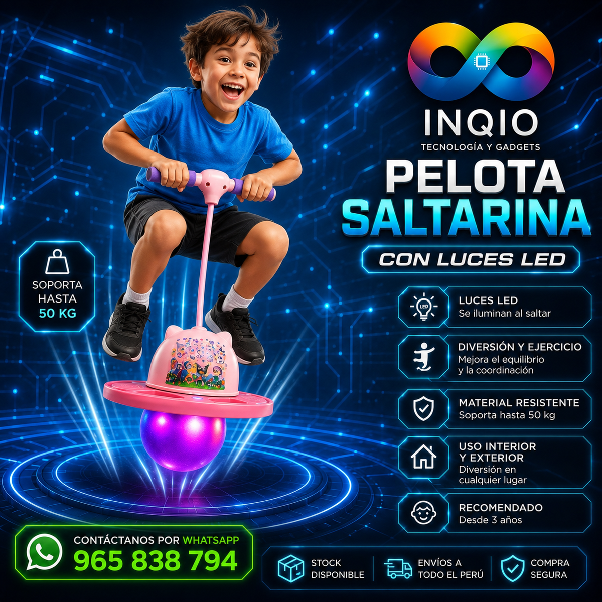 Pelota Saltarina LED con Manillar para Niñ@s | Juguete de Equilibrio Resistente 50 kg