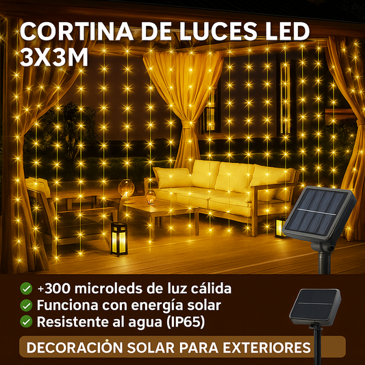Cortina de Luces LED 3x3M Solar para Exteriores | Decoración Jardín, Terraza, Eventos