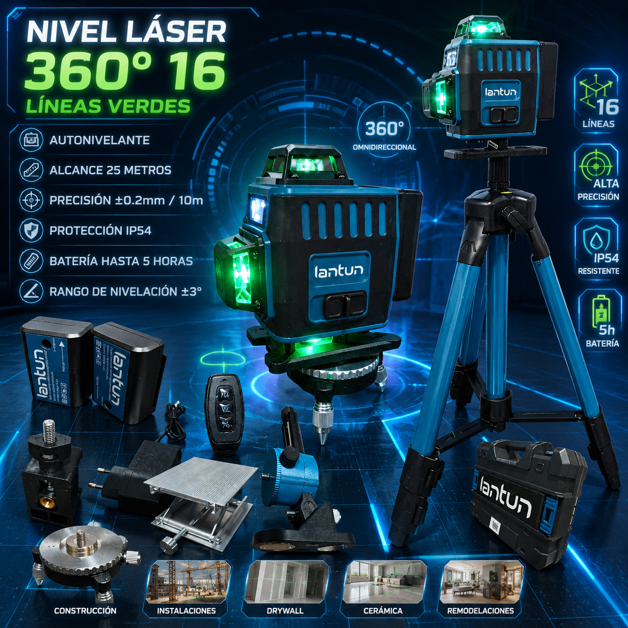 Nivel Láser 360° 16 Líneas Verde Autonivelante Profesional con Trípode y Accesorios