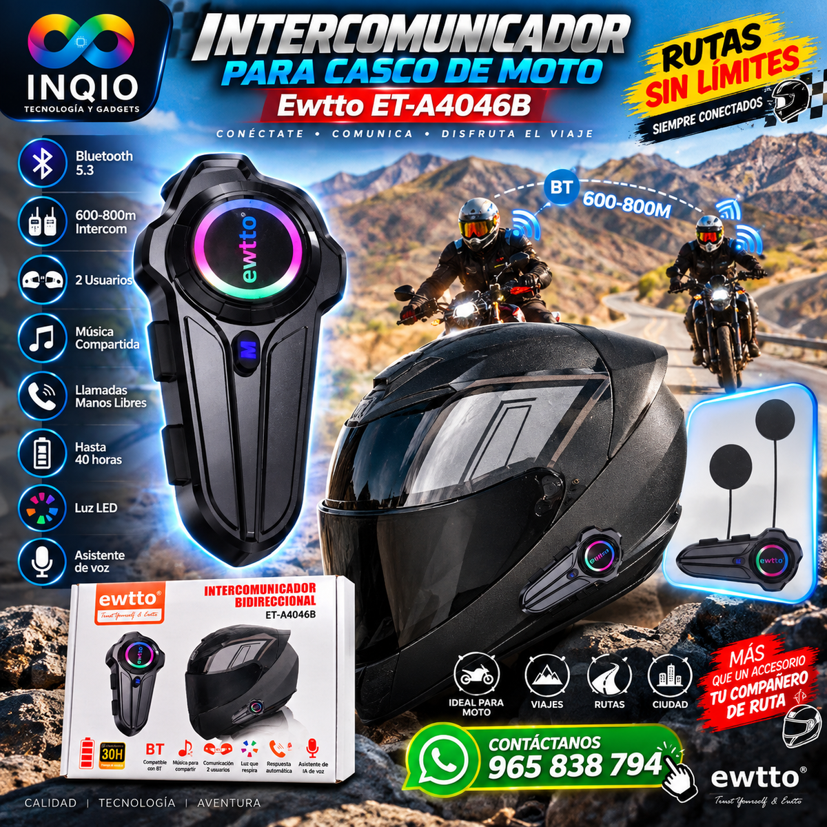 Intercomunicador Bluetooth 5.3 para Casco de Moto Ewtto ET-A4046B 600-800m