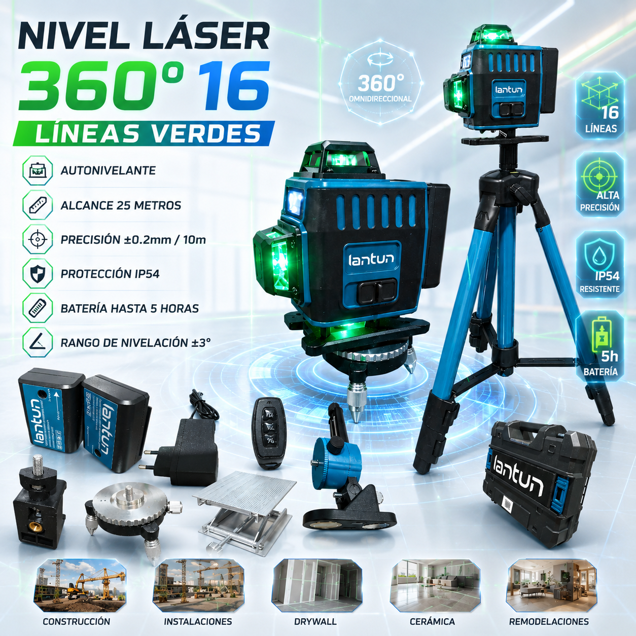Nivel Láser 360° 16 Líneas Verde Autonivelante Profesional con Trípode y Accesorios