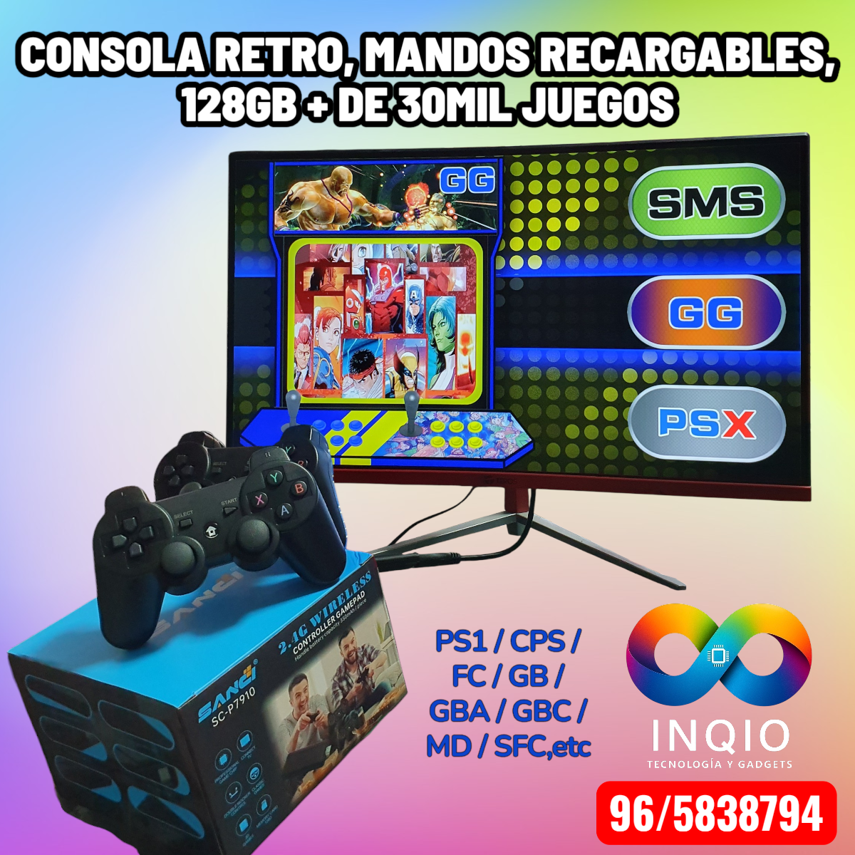 Consola Retro Sanci SC-P7910 Game Stick 4K Ultra HD + 30,000 Juegos + 2 Mandos Recargables, 128GB