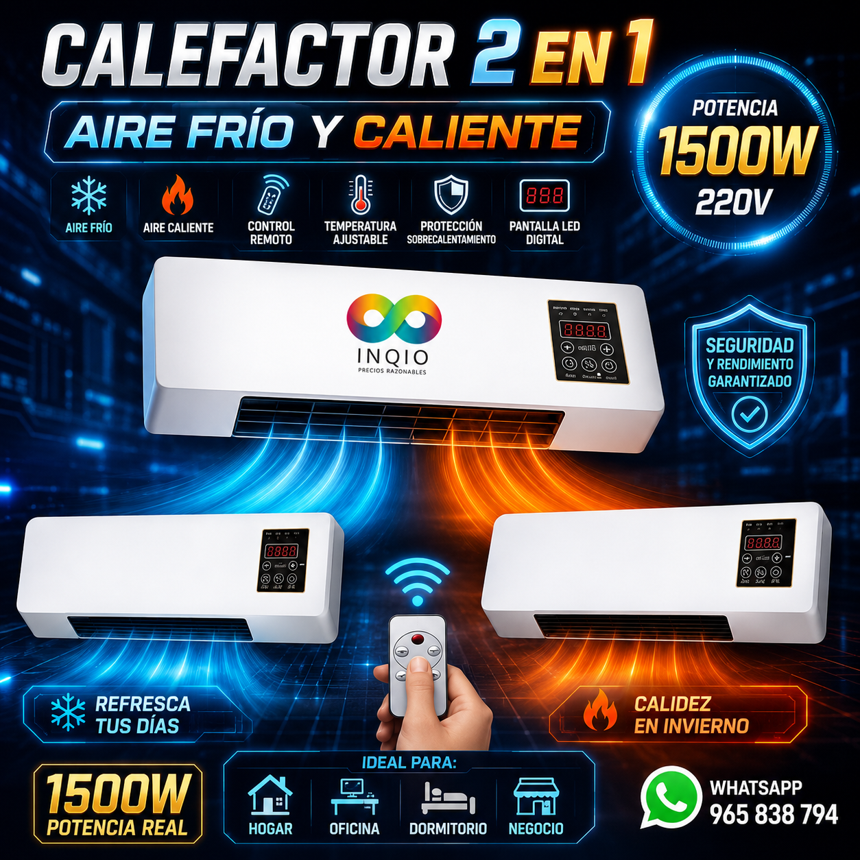 Calefactor Eléctrico 2 en 1 Aire Frío y Caliente 1500W con Control Remoto y Pantalla LED
