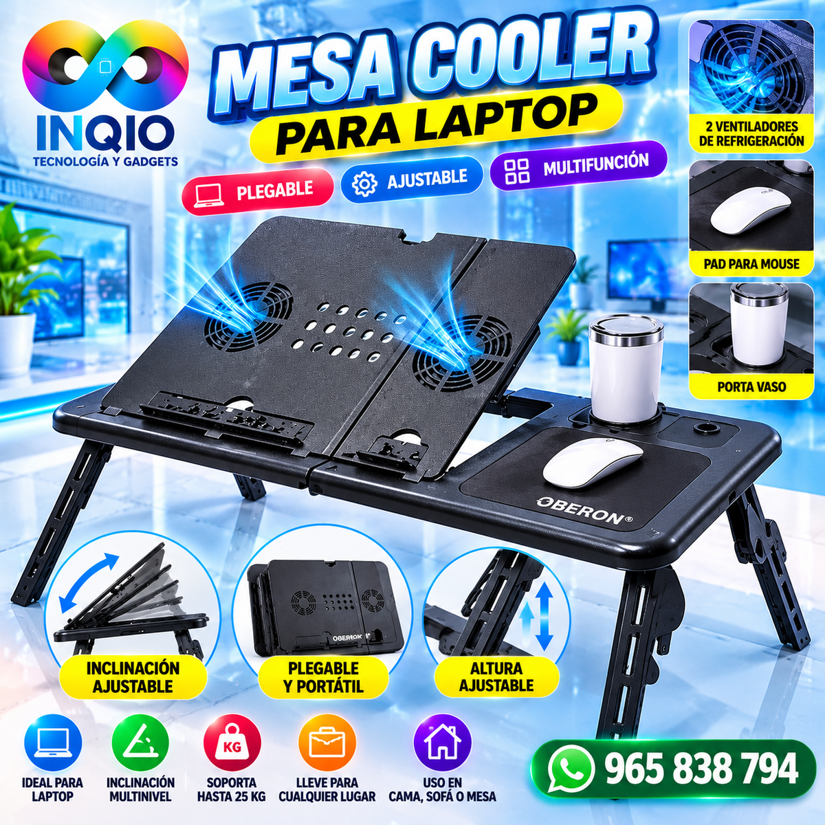 Mesa Cooler Plegable para Laptop con 2 Ventiladores, Pad Mouse y Porta Vaso