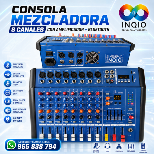Consola de Audio Mezcladora 8 Canales con Amplificador + Bluetooth