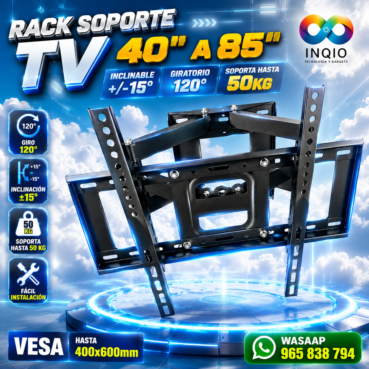 Rack Soporte TV , 40" a 85",  Inclinable + Giratorio 120° | Hasta 50Kg