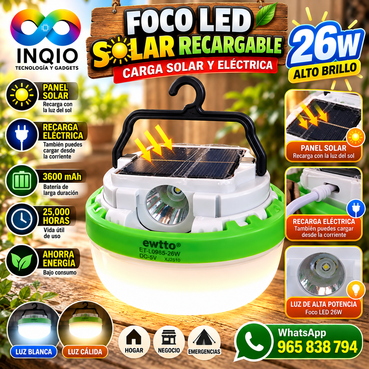 💡 Foco LED Recargable Solar y Eléctrico 26W Alto Brillo con Panel Solar