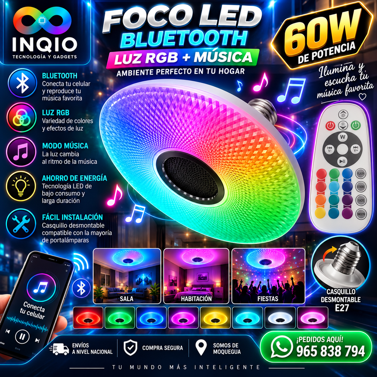 Foco LED RGB 60W Bluetooth con Parlante | Luz RGB + Música