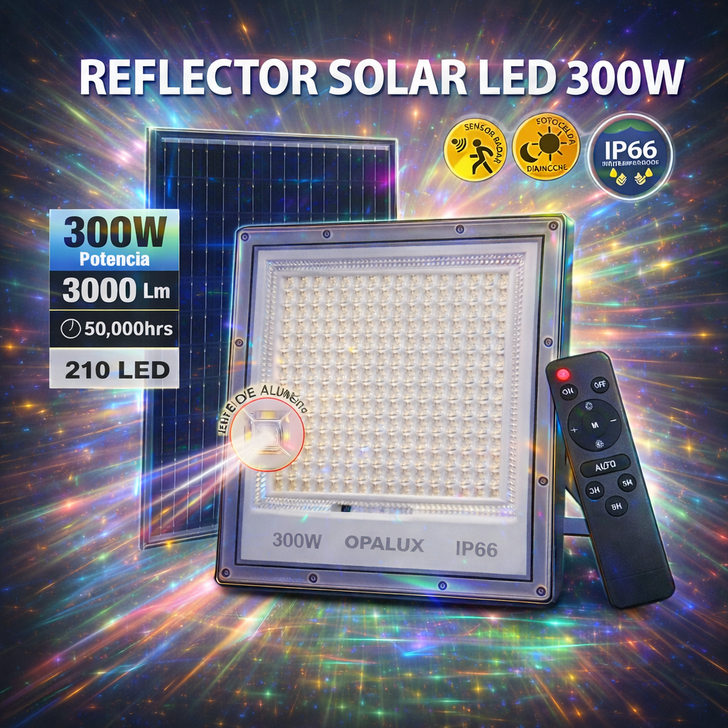 Reflector Solar LED 300W con Sensor Radar y Control Remoto IP66 Luz Exterior Potente