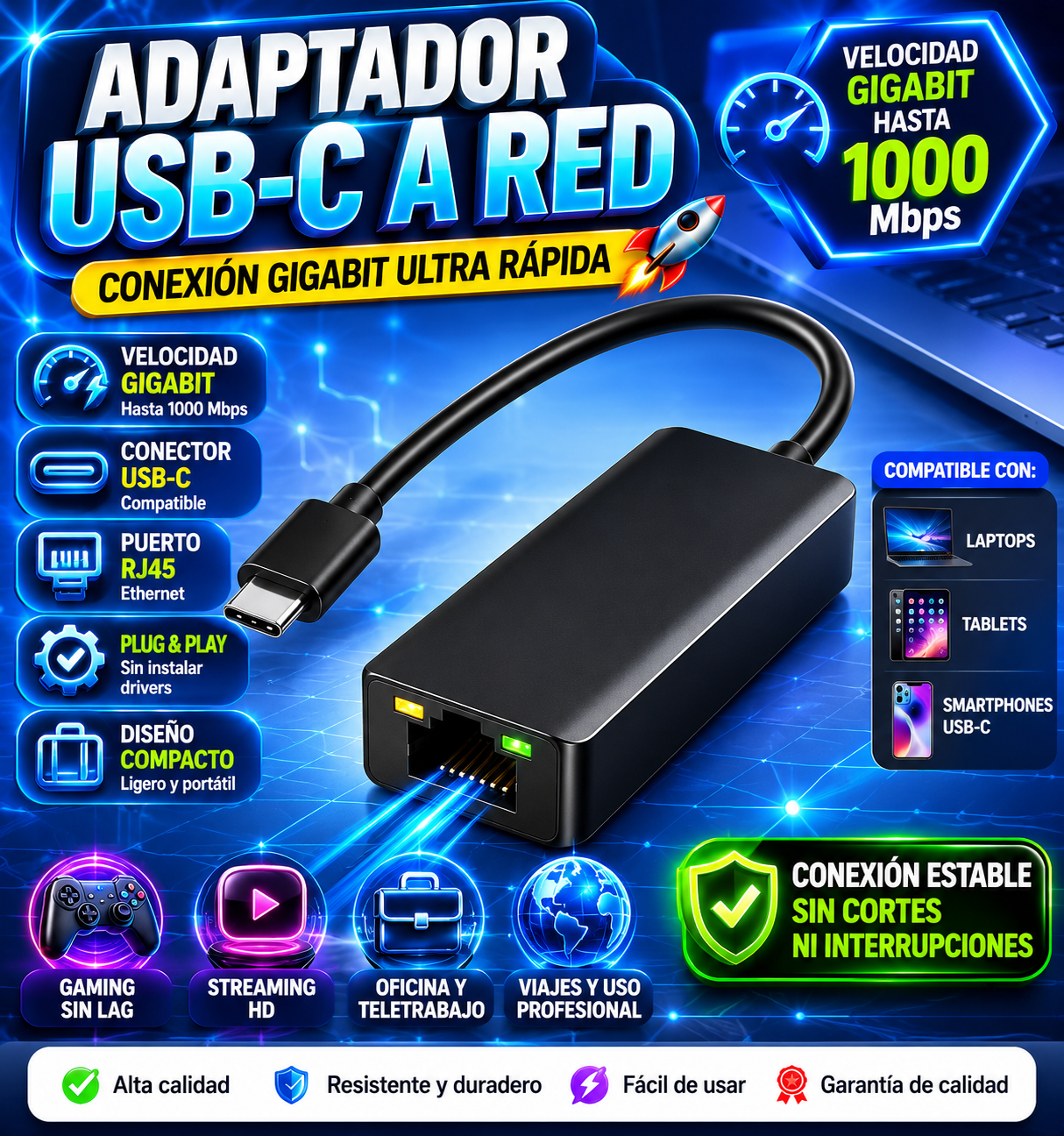 🔌 ADAPTADOR TIPO C A RED/LAN – CONEXIÓN ESTABLE Y ULTRARRÁPIDA 🚀