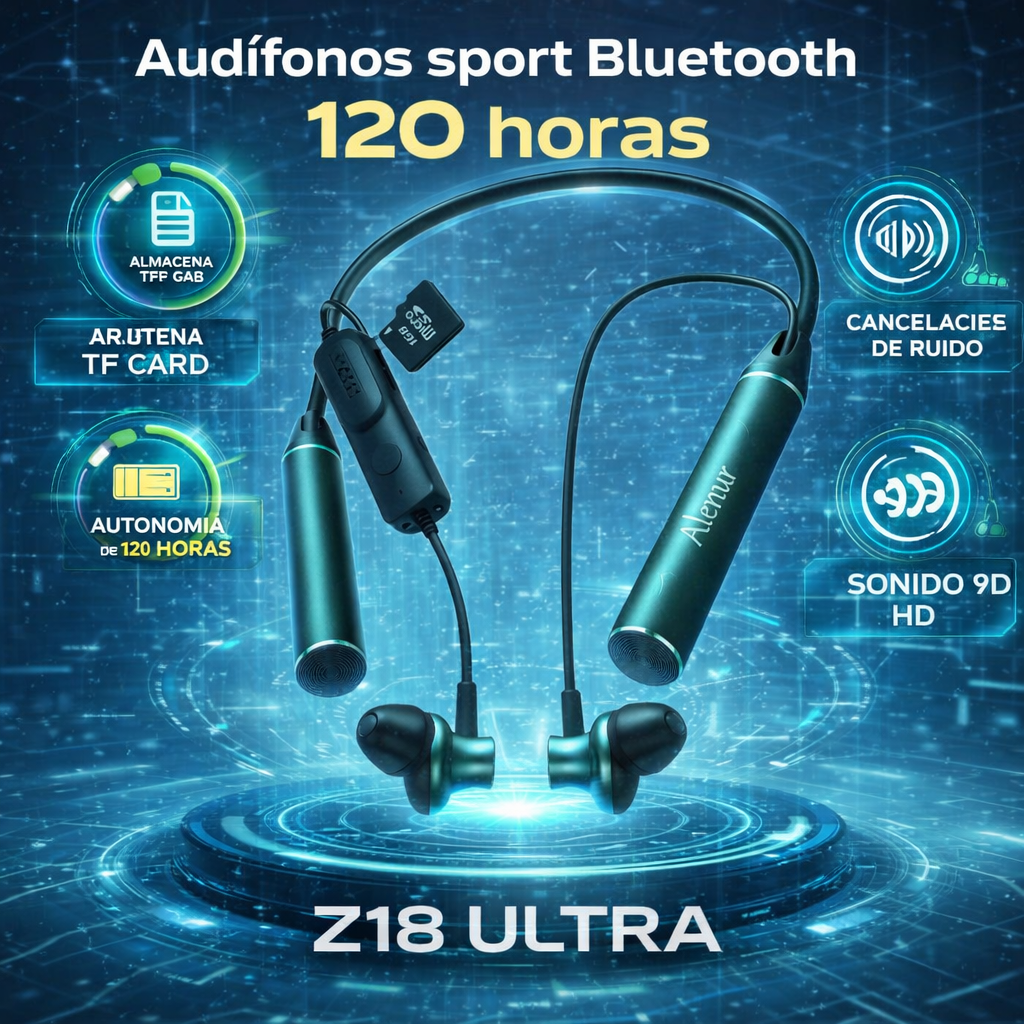 Audífonos Sport Bluetooth 120 Horas Z18 Ultra | Sonido 9D HD, Cancelación de Ruido y Tarjeta TF