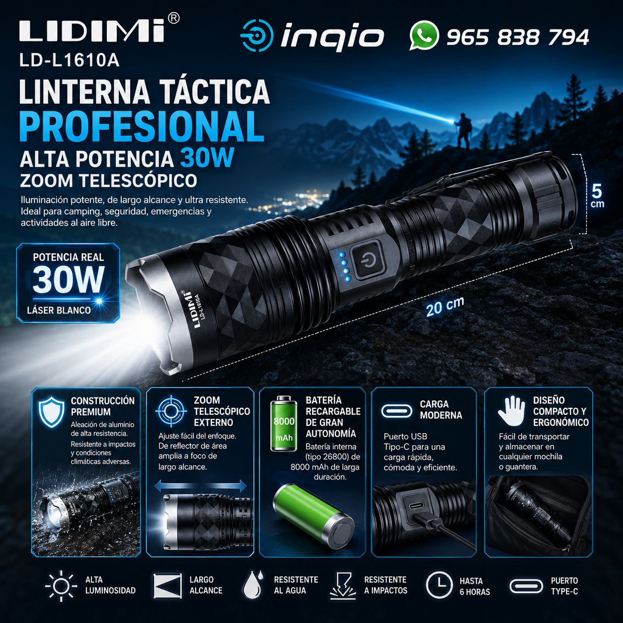 Linterna Táctica Profesional LIDIMI 30W Recargable USB Tipo C Zoom Telescópico