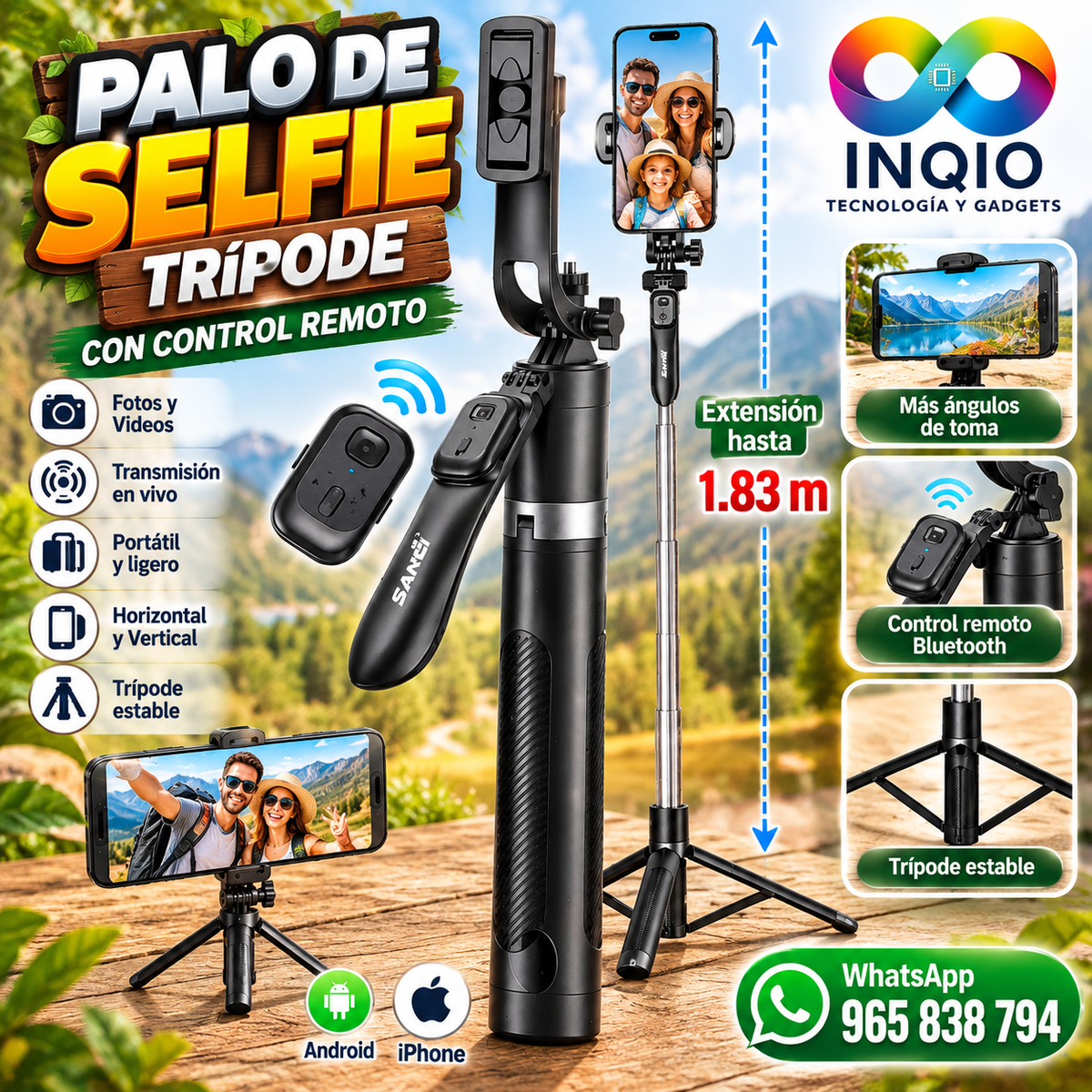 Palo Selfie Trípode Bluetooth Extensible 1.83 m con Control Remoto para Celular