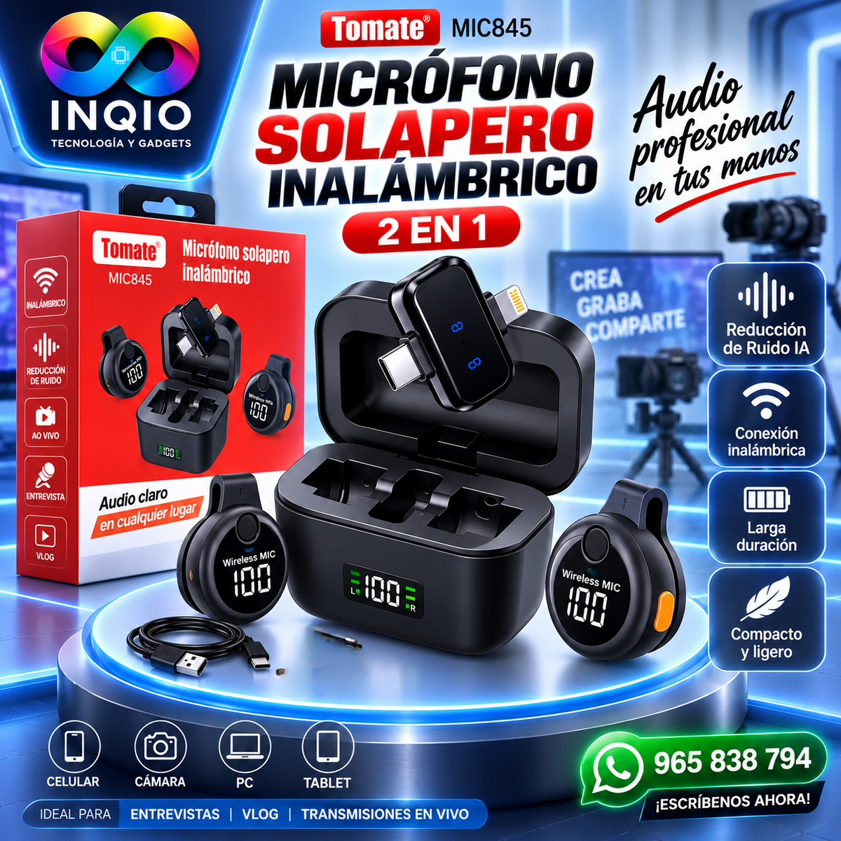 🎤 Micrófono Solapero Inalámbrico Tomate MIC845 2 en 1 | Reducción de Ruido IA