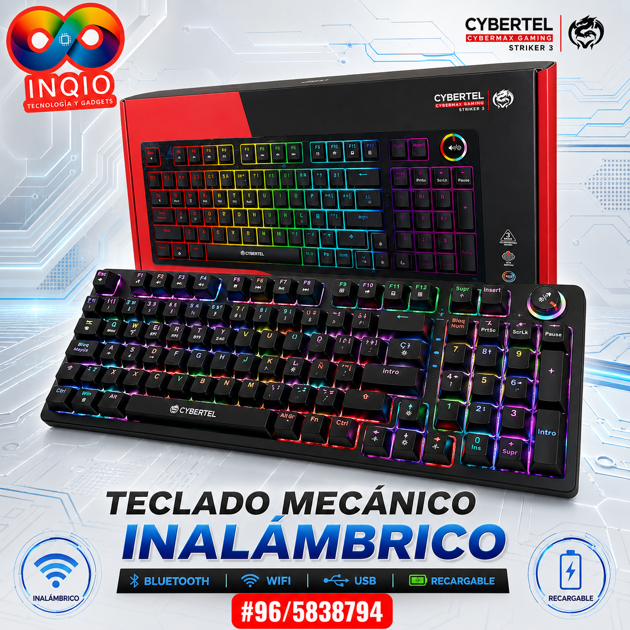 Teclado Mecánico Gamer Inalámbrico Cybertel Striker 3 RGB 96 Teclas | Bluetooth 2.4G WiFi y Cable USB-C