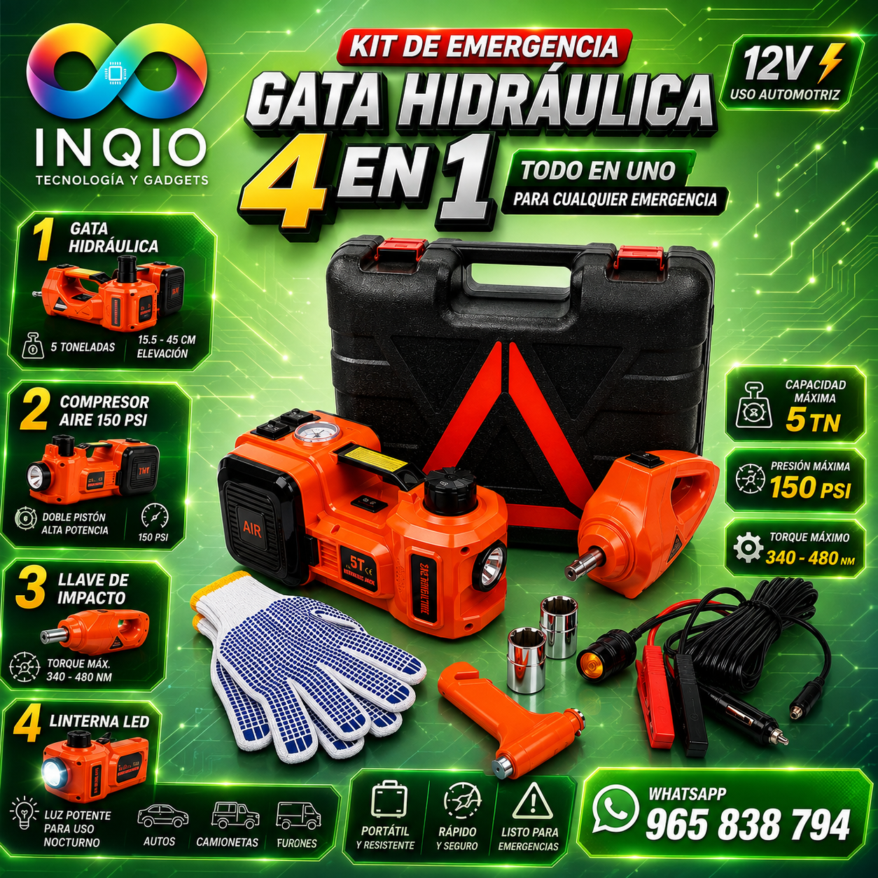 Gata Hidráulica Eléctrica 5TN 4 en 1 + Compresor 150 PSI + Llave de Impacto