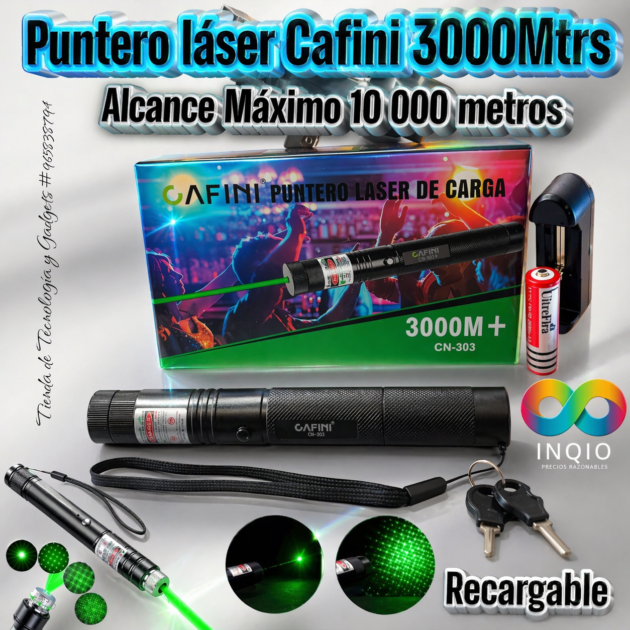 🌟 Puntero Láser Recargable Verde Cafini – Alcance de 3000 Metros para Precisión y Potencia 🔦📏