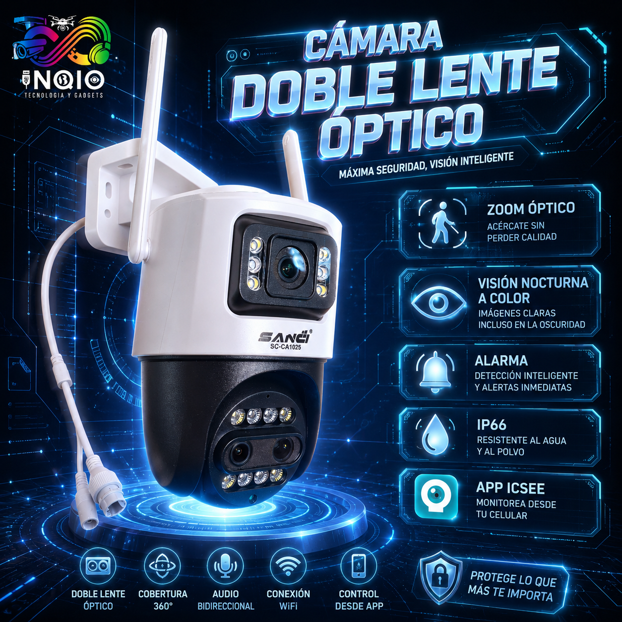 🚨 CÁMARA DE SEGURIDAD WIFI INTELIGENTE – SANCI SC-CA1025, Zoom Óptico, Doble Lente, Visión Nocturna Color y Alarma