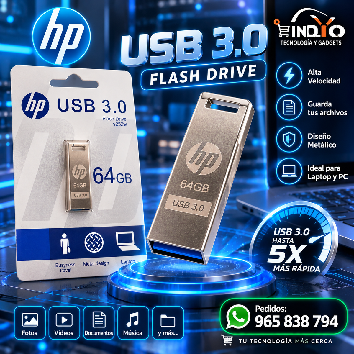 Memoria USB HP 64GB USB 3.0 Flash Drive – Metal, Alta Velocidad