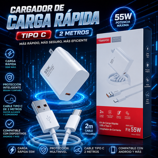 🔋 Cargador Carga Rápida Tipo C 55W + Cable 2 Metros ⚡